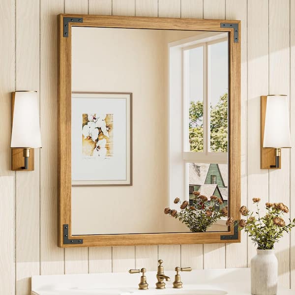 30 in. W x 36 in. H Rectangular Rustic Wood Framed Mirror Farmhouse Bathroom Vanity Mirror Over Sink in Natural Wood