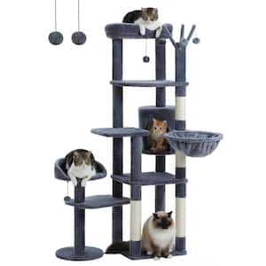 59" Dark Gray Multi-Level Cat Tower Tree with Removable Pompom Sticks, Hammock Cat Condo, Scratching Post and 2 Perches
