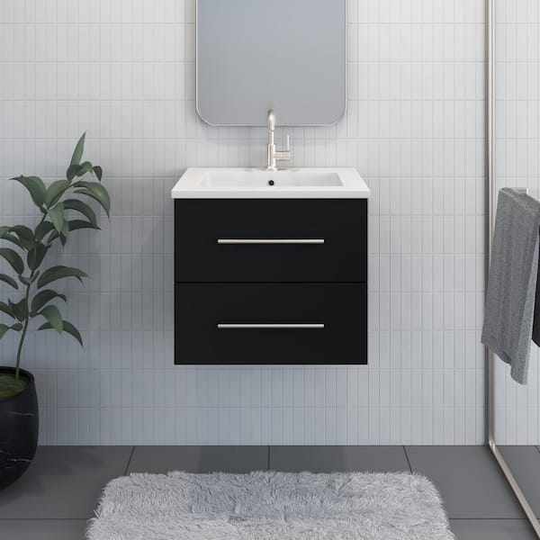 VOLPA USA AMERICAN CRAFTED VANITIES Napa 24 in. W. x 20 in. D Single Sink Bathroom Vanity Wall Mounted in Matte Black with Acrylic Integrated Countertop
