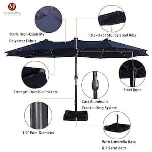 15 ft. Patio Market Umbrella Double-Sided Outdoor Patio Umbrella,UV Protection with Base and Solar LED Lights in Navy
