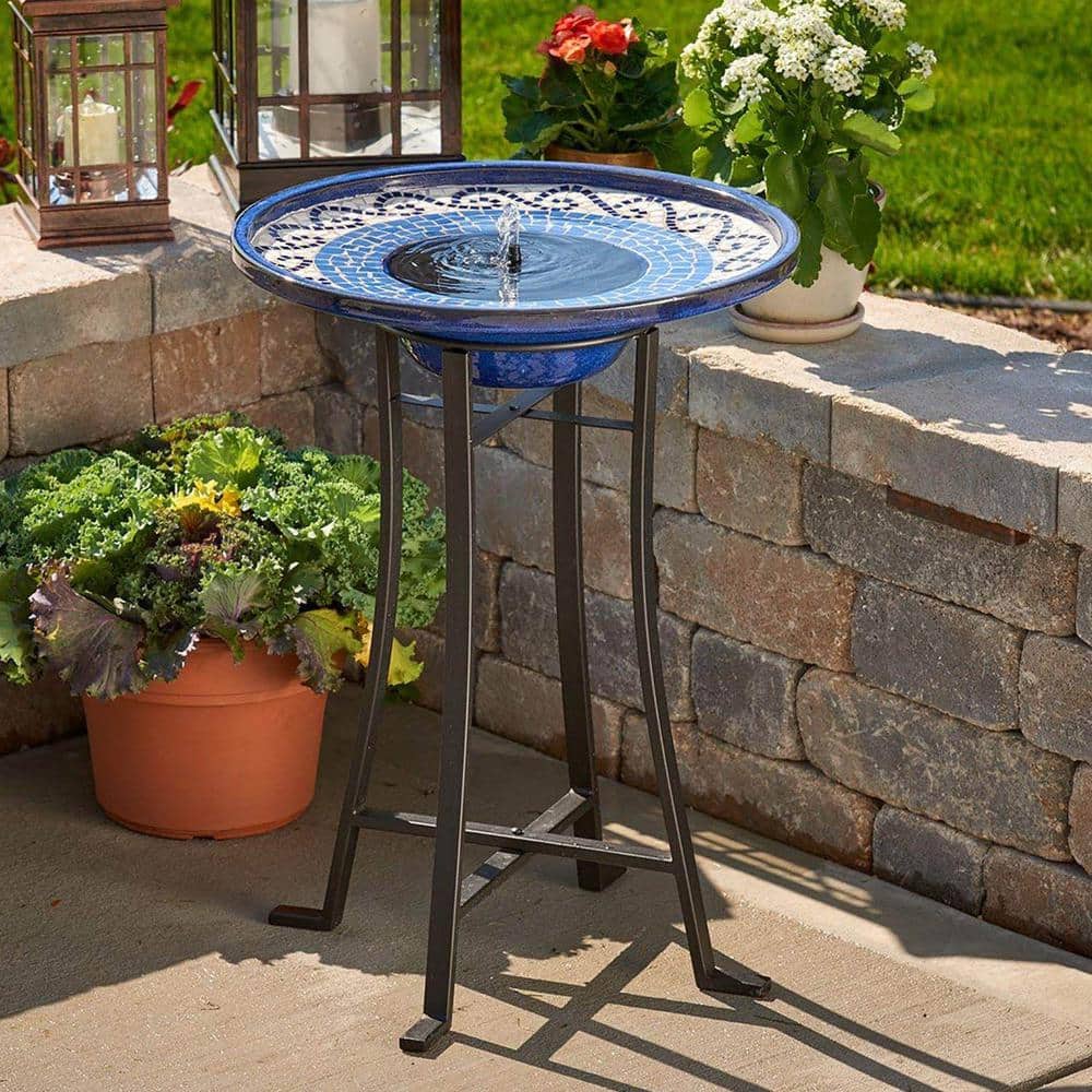 Ravenna Blue Mosaic Ceramic Solar Birdbath with Steel Frame