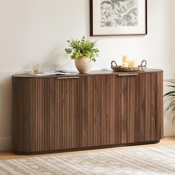 Julian Walnut Wood Modern Sideboard with Rounded Edges,Adjustable Shelves, Elevated Base,Soft-Close Hinges,Metal Handles