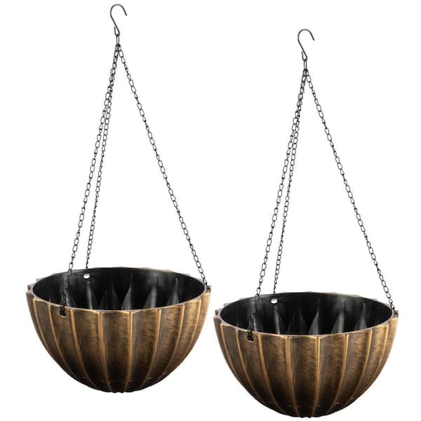 10.25 in. Durable Plastic Hanging Planter 2-Pack with Removable Drainage Reservoir and Metallic Bronze Finish