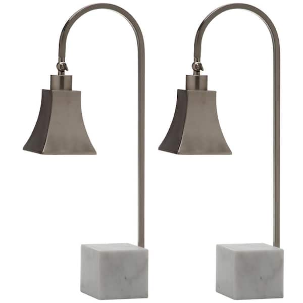 SAFAVIEH Charley 26 in. Nickel/White Marble Arc Table Lamp with Nickel Shade (Set of 2)