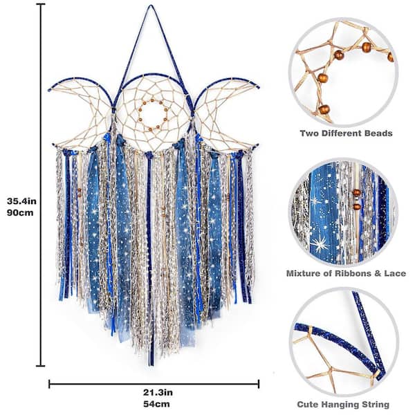 Blue 21.3 in x 35.4 in Cotton Moon Goddess Macrame Dreamcatcher