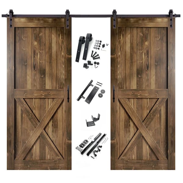 HOMACER 42 in. x 84 in. X-Frame Walnut Double Pine Wood Interior Sliding Barn Door with Hardware Kit, Non-Bypass