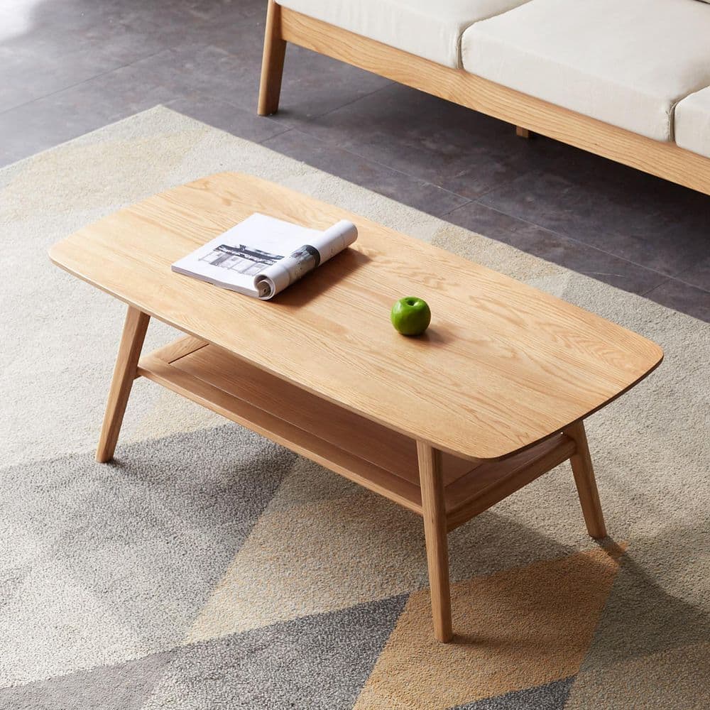 39 in. Natural Rectangle Solid Wood Coffee Table with Storage Shelf and Rounded Corners