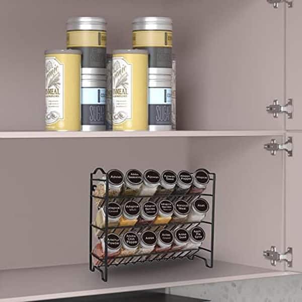 3 Tier Black Countertop Cabinet or Wall Mount Spice Rack Organizer with 18 Square Jars 396 Labels Funnel