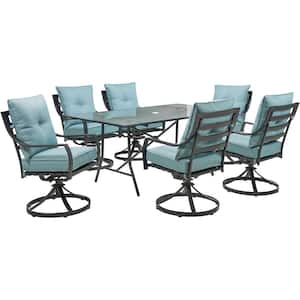 Lavallette 7-Piece Steel Outdoor Dining Set with Ocean Blues Cushions, Swivel Rockers and a Glass-Top Table