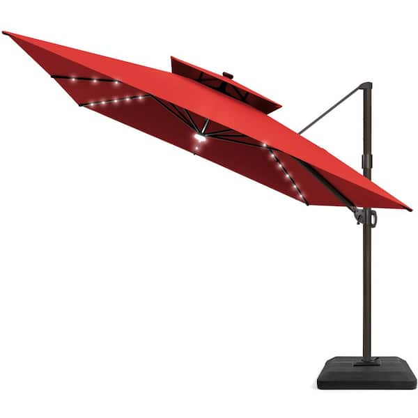 Pellebant 11 ft. Square Double-Top Outdoor Offset Patio Solar LED Lighted Cantilever Patio Umbrella with Weights Base in Red