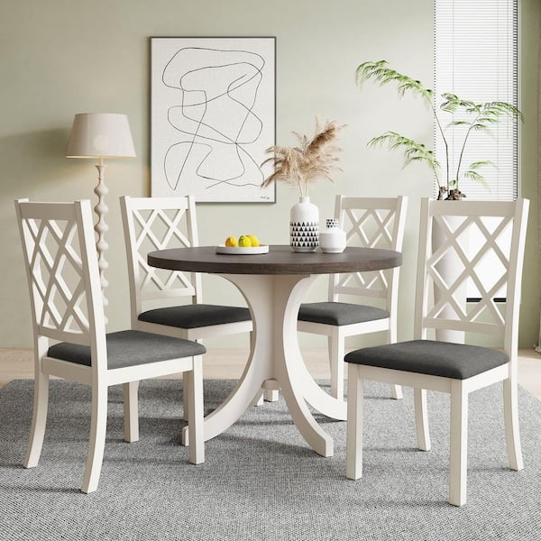 Harper & Bright Designs Mid-Century 5-piece Brown and Gray Round MDF Top Dining Table Set Seats 4 with Linen Upholstered Chairs