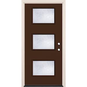 36 in. x 80 in. Left-Hand/Inswing 3-Lite Rain Glass Chestnut Painted Fiberglass Prehung Front Door w/6-9/16 in. Frame