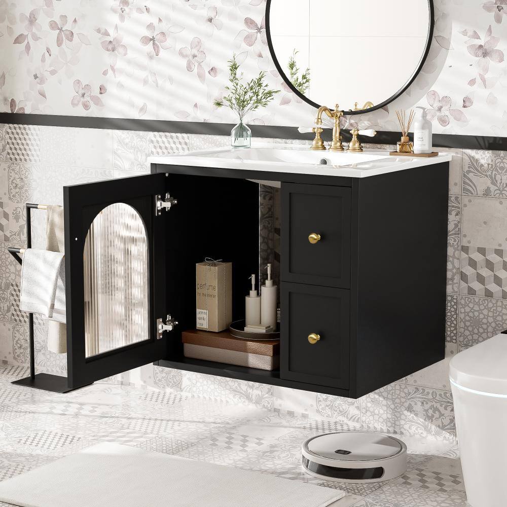 24 in. W x 18 in. D x 21.75 in. H Wall Mounted Bath Vanity in Black with White Ceramic Top(Unassembled) price history on PriceWatchPro