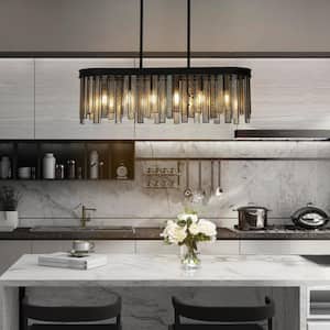Hemaaolay 6-Light Black Modern Island Chandelier with Rectangle Plating Mercury Glass Shade for Kitchen Dining Room