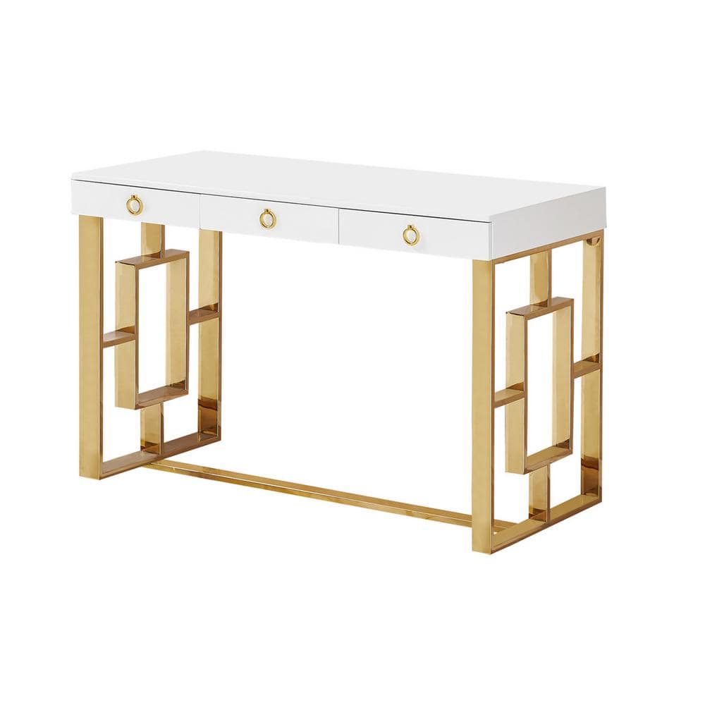Elysian 47" Gold and White High Gloss Writing Desk with 3 Drawers