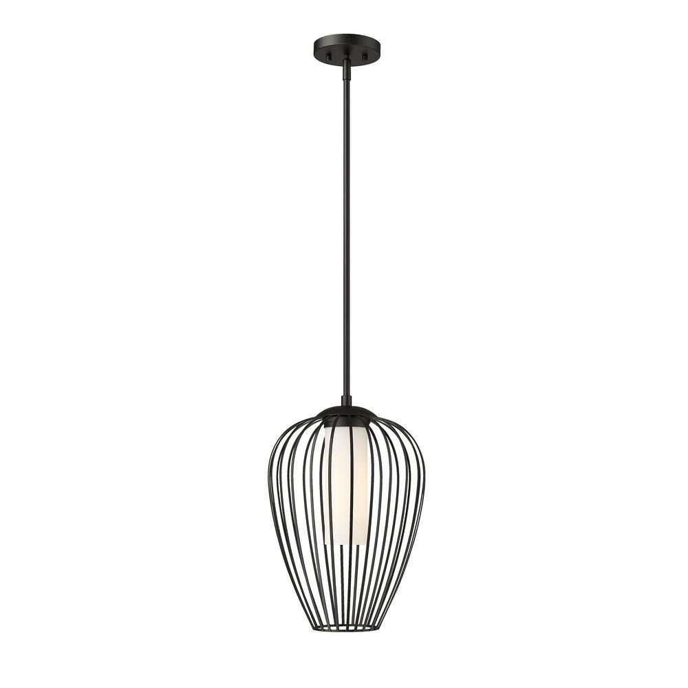 Savanti 12 in. 1-Light Matte Black Shaded Pendant Light with White Opal Gla