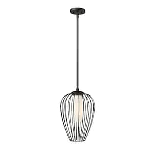 Savanti 12 in. 1-Light Matte Black Shaded Pendant Light with White Opal Glass Shade, No Bulbs Included