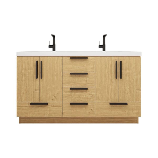 Carla 59 in. W x 20 in. D x 35 in. H Double Sink Freestanding Bath Vanity in Teak Oak with White Acrylic Top