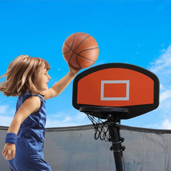 Trampoline Basketball Hoop w/Ball and Pump-Adjustable Hoop Attachment with Breakaway Rim, Universal Safety Net Mount