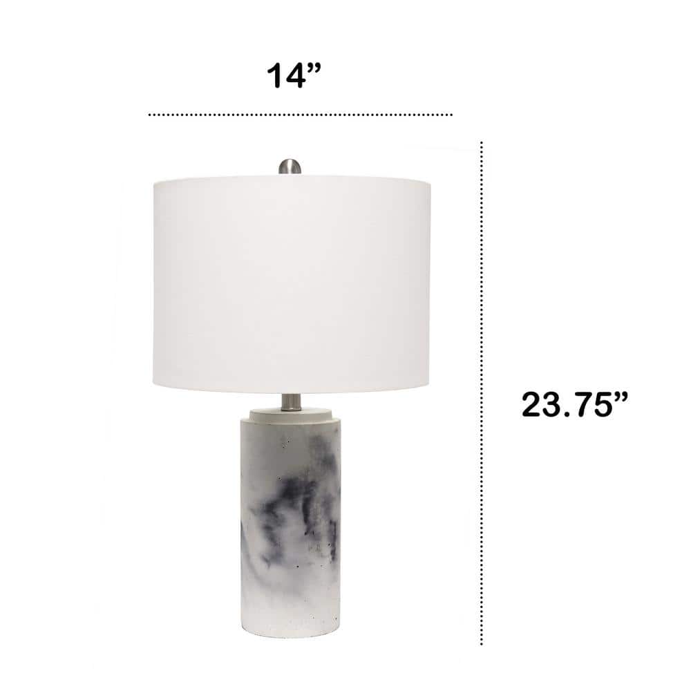 White Marbleized Cylinder Nightstand Lamp with Fabric Shade