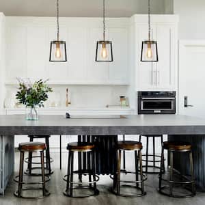 Black and Gold Pendant Light, 1-Light Modern Drum Kitchen Island Pendant Lighting with Seeded Glass Shade