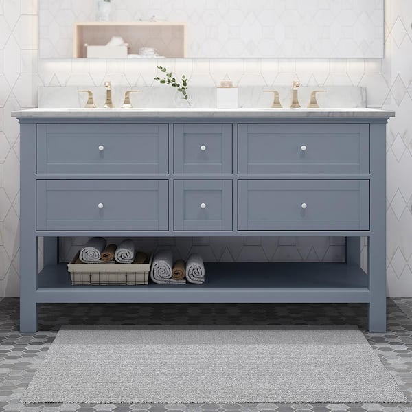 EPOWP 61 in. W x 22 in. D x 40 in. H Double Sink Freestanding Bath Vanity in Gray with White Marble Top and Storage Cabinet