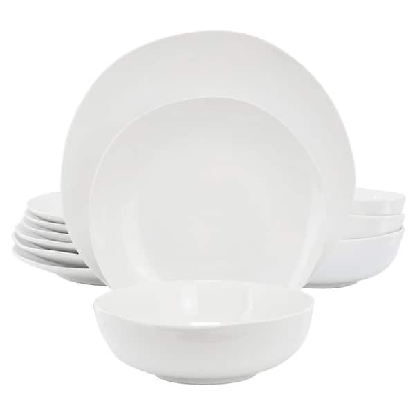 Aspen Drift 12-Piece Organic Round Ceramic Dinnerware Set in White