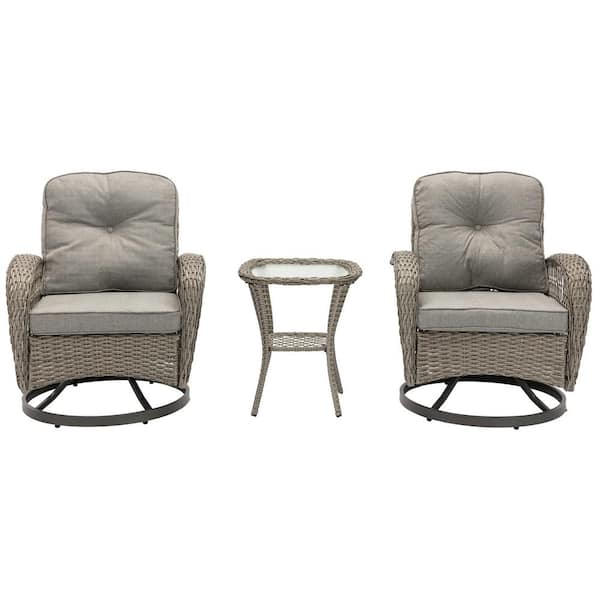Alpulon 3-Piece Wicker Patio Conversation Set Outdoor Rocking Chair with Grey Cushions