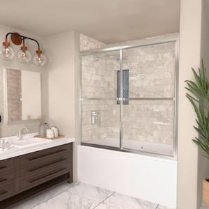 59 in. W x 56 in. H Sliding Framed Tub/Shower Door in Silver with Clear Glass