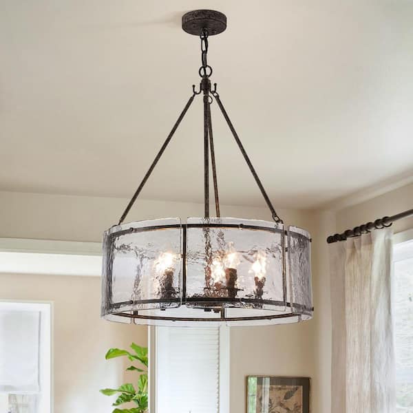 Chloe 5-Light Antique Bronze Modern Drum Chandelier Water Grained Glass