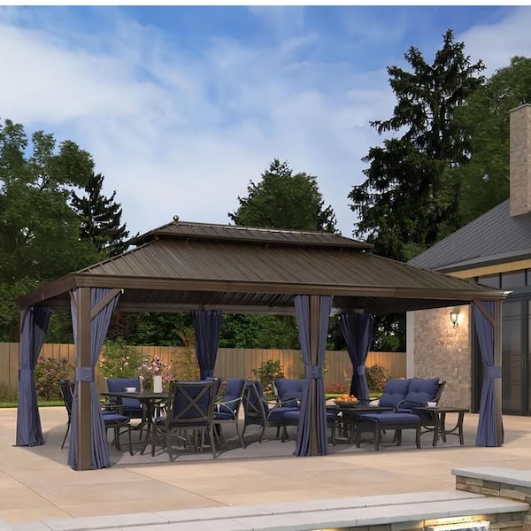 PURPLE LEAF 12 ft.x 20 ft.Bronze Aluminum Power-Coated Frame Galvanized Steel Double Roof Hardtop Gazebo,Hooks, Netting,Blue Curtain