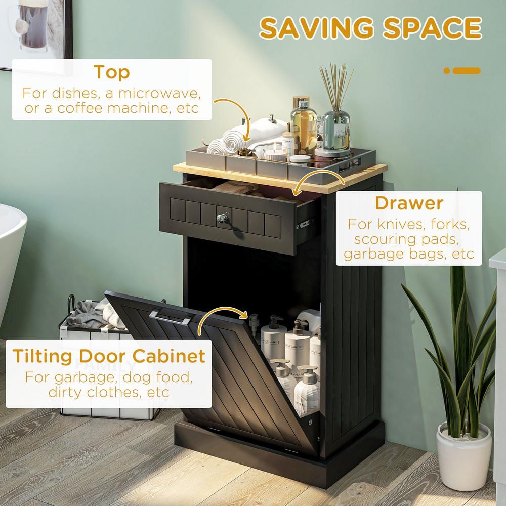 Black Wooden Kitchen Storage Cabinet with Light Wood Top
