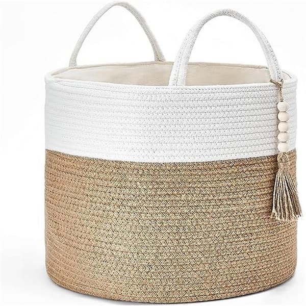 Unbranded White and Yellow Woven Storage Basket Decorative Rope Basket with Handles