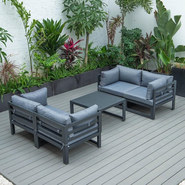 Leisuremod Chelsea Black 5-Piece Aluminum Patio Conversation Set with Blue Cushions