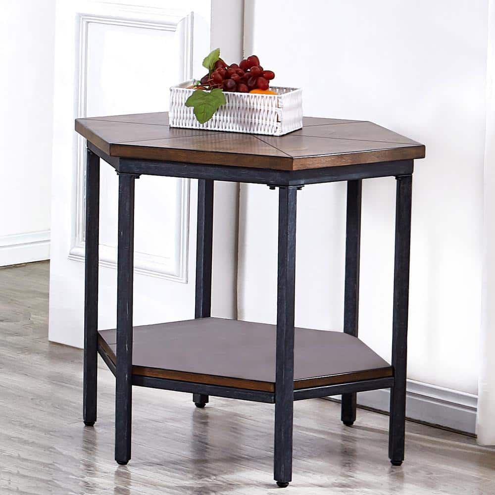 Mocha Hexagonal Wooden End Table with Iron Base and Storage