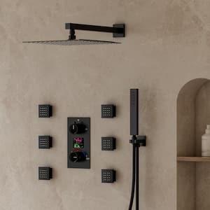 3-Spray 12 in. Wall Mount Dual Fixed and Handheld Shower Head and LCD Display in Matte Black(Valve Included)