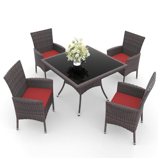 Brown 5-Piece Wicker Outdoor Dining Set with Square Tempered Glass Tabletop, Umbrella Hole and Cushion Red