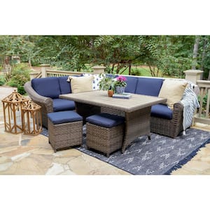 Walton 7-Piece Wicker Sectional Seating Set with Navy Polyester Cushions