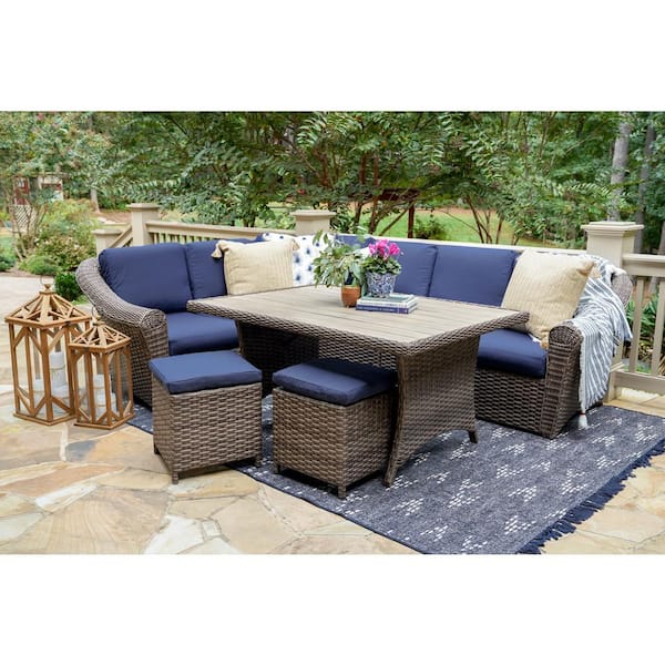 Leisure Made Walton 7-Piece Wicker Sectional Seating Set with Navy Polyester Cushions