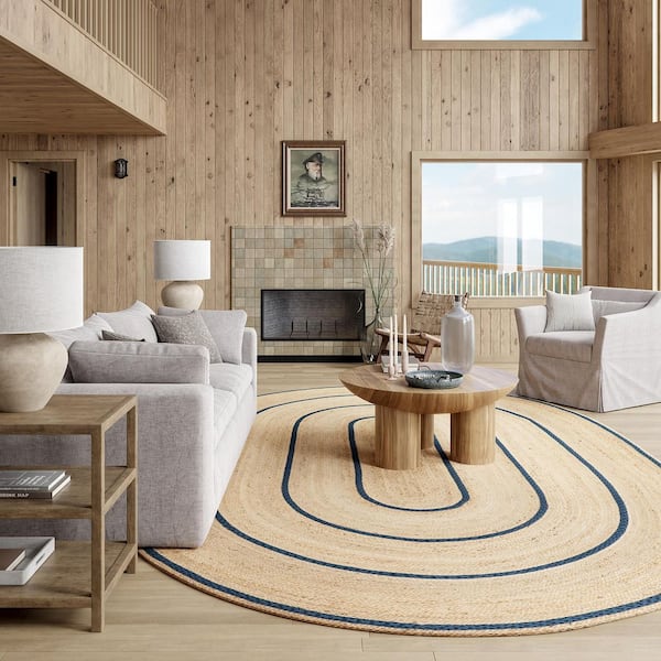Ripplewood Oval Jute Navy Oval 9 ft. x 12 ft. Patio Rug