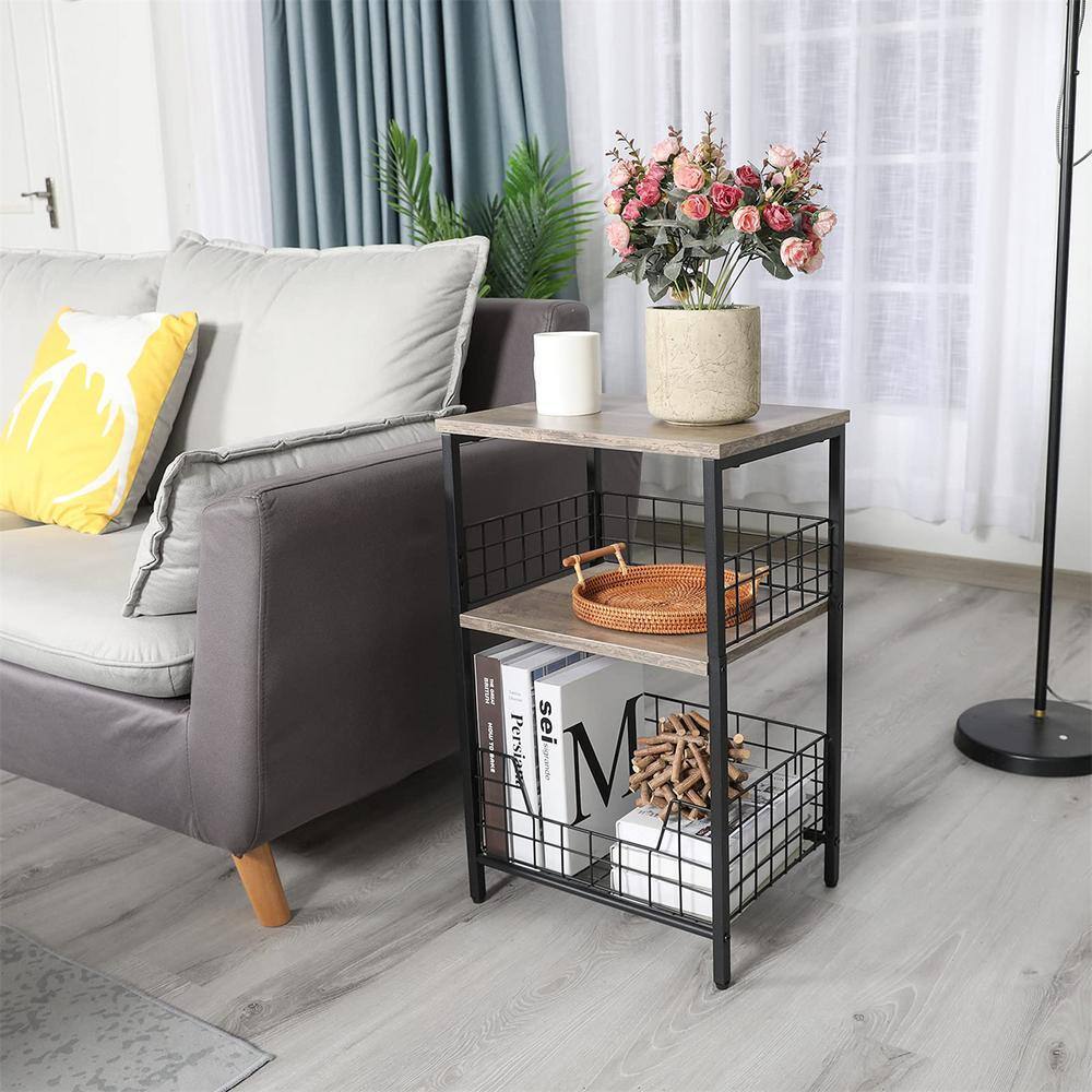 Greige and Black Industrial Wood and Metal End Table