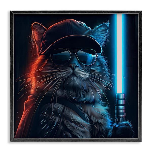 Stupell Industries Sci-Fi Cat with Glowing Saber by Jim Baldwin Black Framed Fantasy Giclee Art Print 17 in. x 17 in.