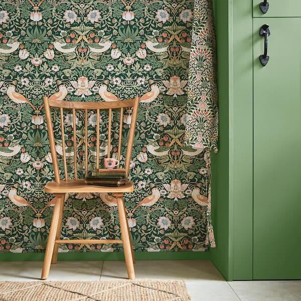 William Morris At Home Strawberry Thief Rich Green Wallpaper