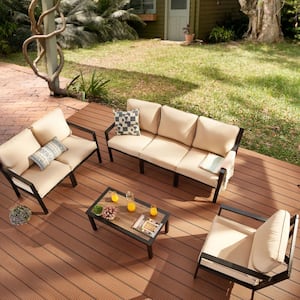 X-Back 7-Piece Metal Patio Conversation Seating Set with Beige Cushions