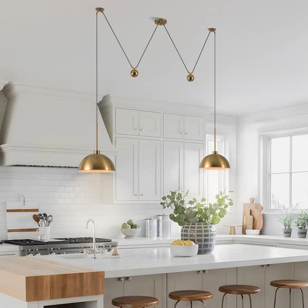 TinHon 2-Light Gold Pulley Pendant Light Adjustable Cords and Dome