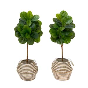 42 in. Green Artificial Fiddle Leaf Fig Tree in Handmade Jute and Cotton Basket with Tassels DIY Kit (Set of 2)