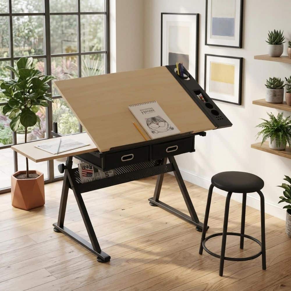 Brentonis 54.33 in. Rectangle Maple Finish Wood and Black Metal 2-Drawers Drafting Table Writing Desk with Stool