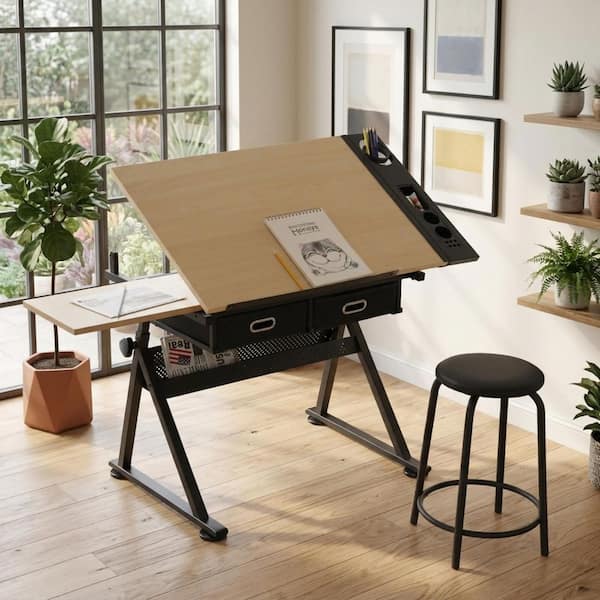 Brentonis 54.33 in. Rectangle Maple Finish Wood and Black Metal 2-Drawers Drafting Table Writing Desk with Stool