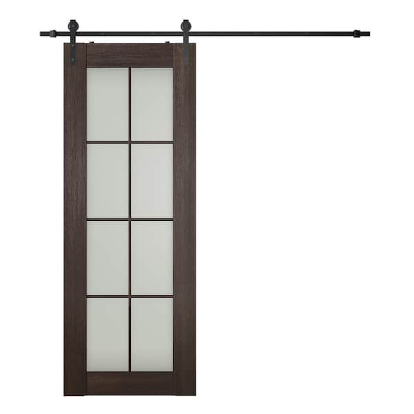 Vona 8-Lite 36 in. x 84 in. Frosted Glass Veralinga Oak Finished Composite Core Wood Sliding Barn Door with Hardware Kit