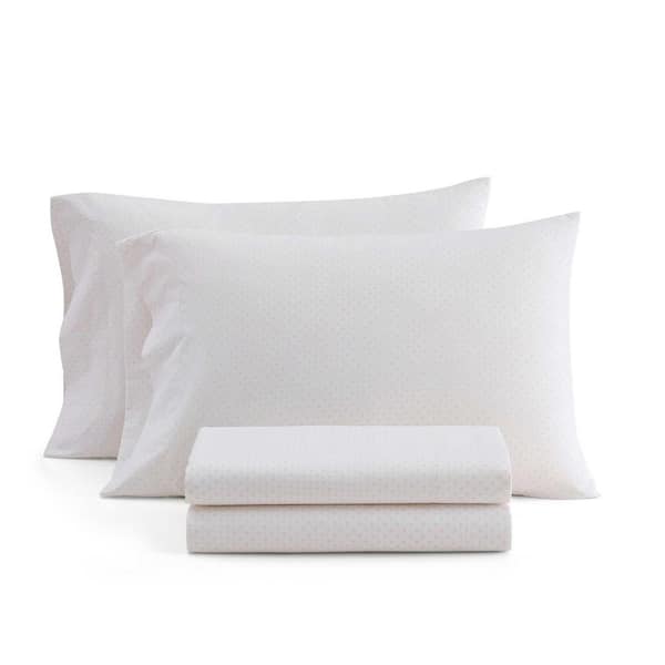 MS Polka Dot 4-Piece White/Pearl Peach Cotton Percale Queen Sheet Set